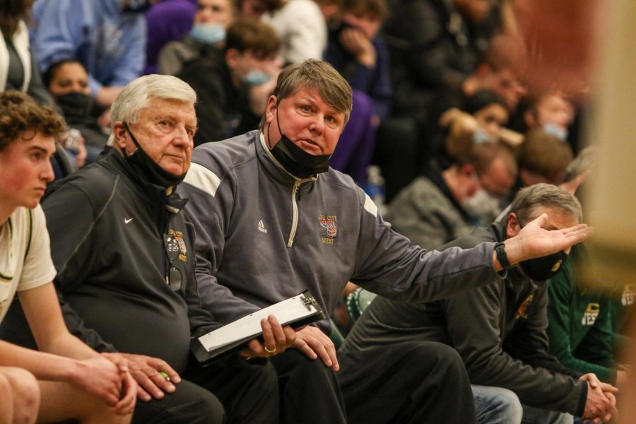 Head Coach Steve Bergman coaches from the sidelines against Jefferson on Feb. 8.