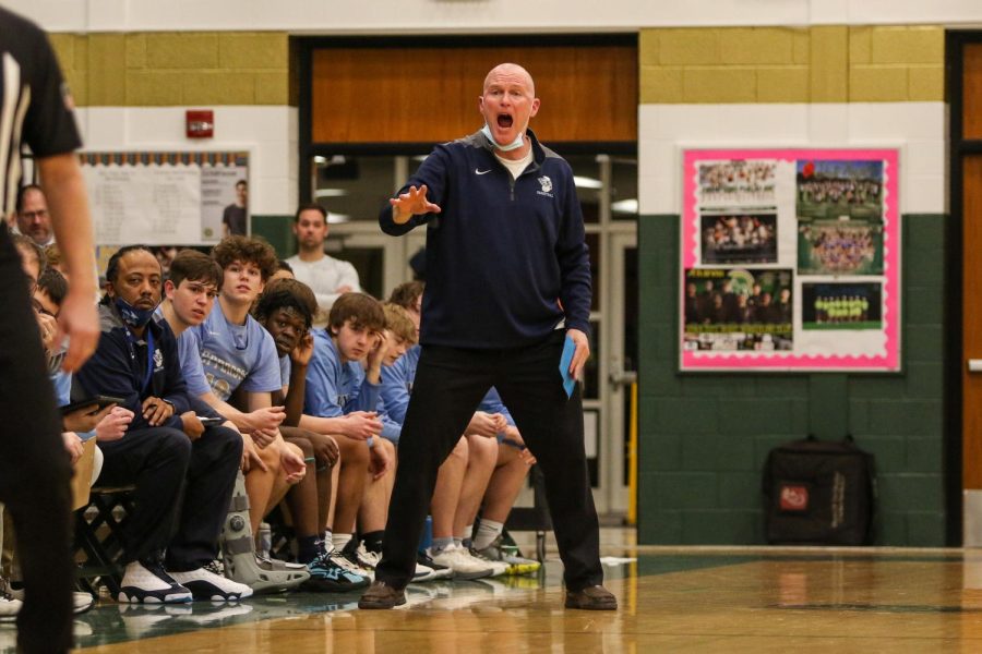 Jefferson Head Coach Wes Bruns coaches his team from the sideline on Feb. 8.