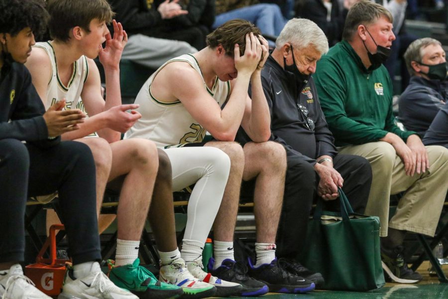 Pete Moe 22 reacts to the Trojans season ending loss in the substate semifinal on Feb. 25.