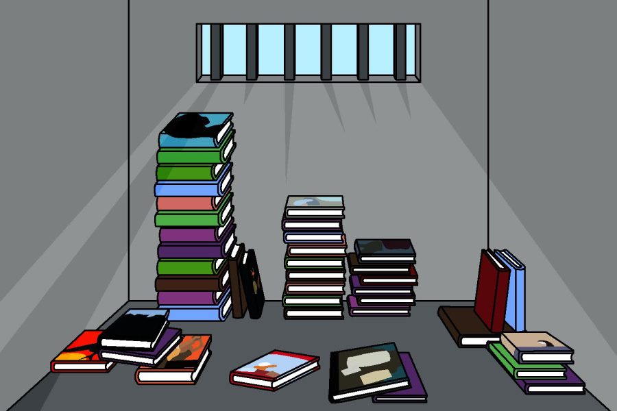 The covers of books that are being challenged in the state of Iowa depicted in a literary jail.