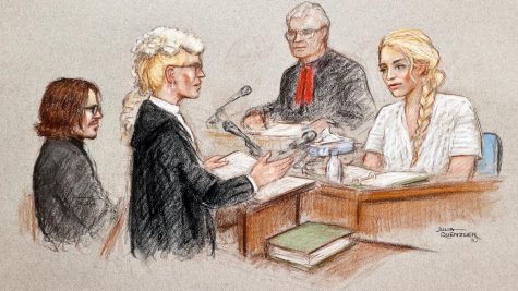 A court artist sketch shows Amber Heard giving evidence, as ex-husband Johnny Depp looks on. By Julia Quenzler
