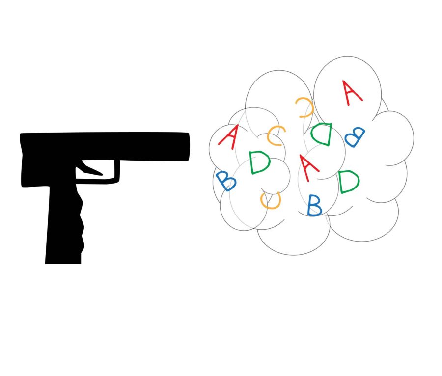 Gun shooting out the alphabet to show firearms creating chaos within education. 