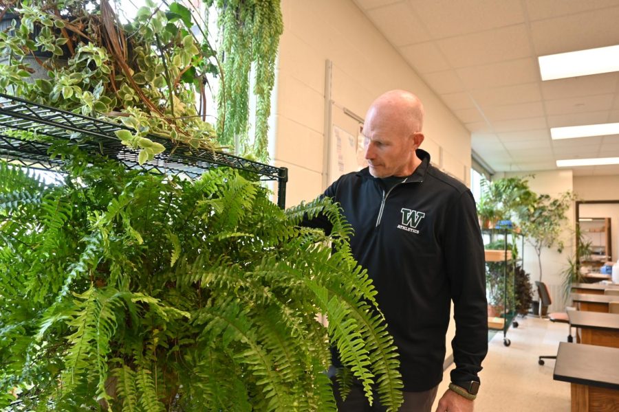 Science teacher Brad Wymer examines the plants in his classroom.