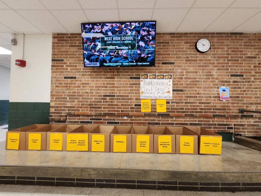 Boxes set up for the Thanksgiving food drive.