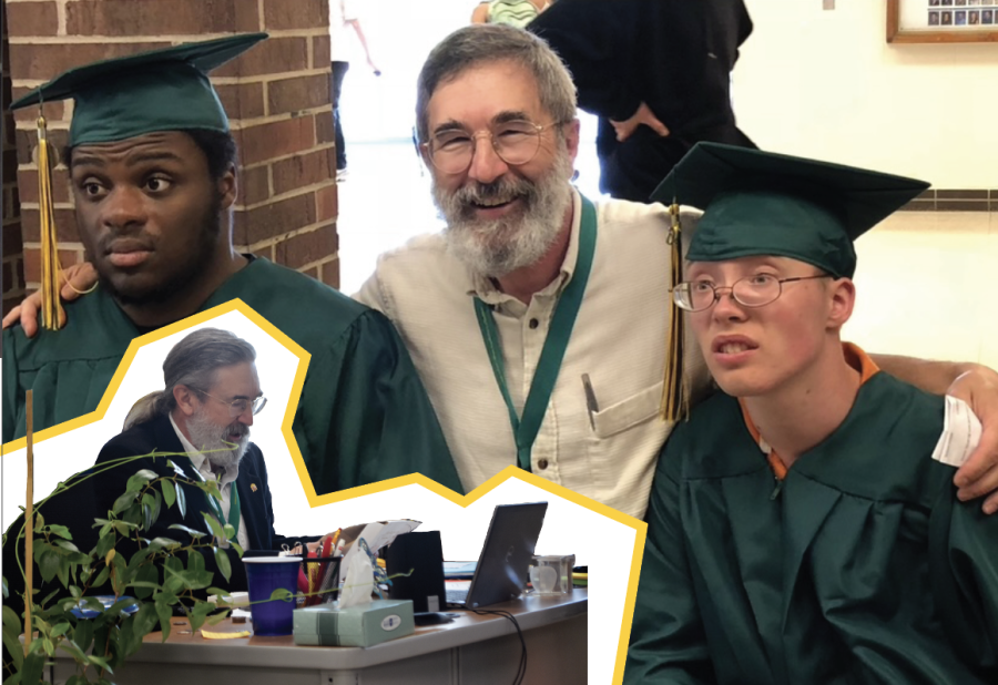 Steve+Merkle+poses+with+graduating+students+from+his+special+education+class.+