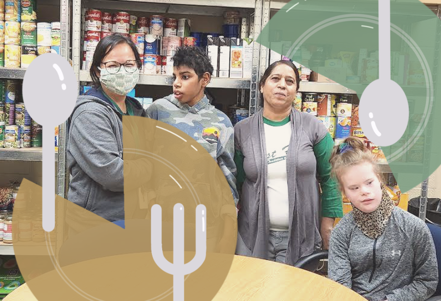 Before the 2022 annual Thanksgiving food drive at West High, paraeducators Omega Dancel and Samina Naz, alongside students Wael Osman 25 and Mollie Greer 26, stand inside West High Supply in front of shelves of donated food. Photo courtesy of Brittany McConnell.