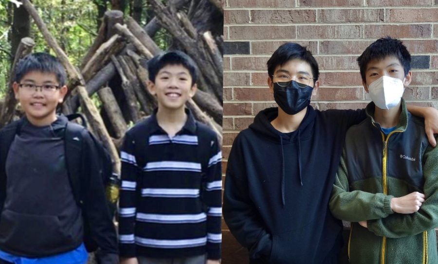 Derek Hua 25 and Richard Yang 25 stand next to their shelter in 6th grade School of the Wild (left). They pose again at West High many years later (right).