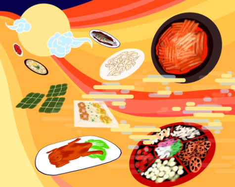 Images of Asian food are shown and there is a yellow moon in the left upper corner.