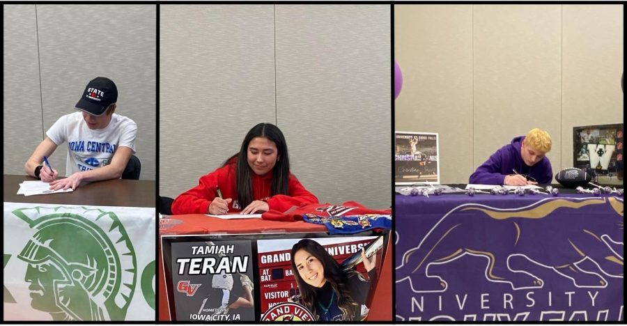 Seniors Seth Cheney, Tamiah Teran and Christian Janis signed their National Letters of Intent in the West High cafeteria Feb. 1.