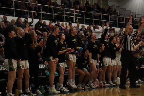 The girls basketball bench cheers on their team in the first game of the doubleheader on Feb. 4, 2023.
