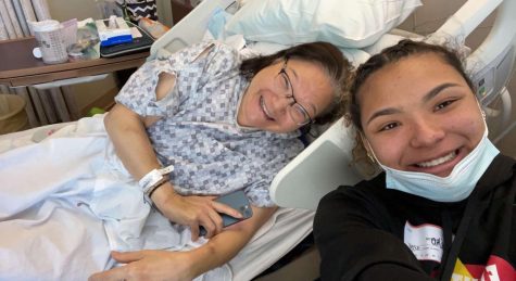 Keiko and her mom, Reiko, smile for a selfie during Reikos month long hospital stay.