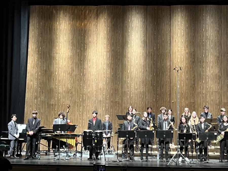 The Jazz Ensemble acknowledges the audience after their performance at Stephens Auditorium. 