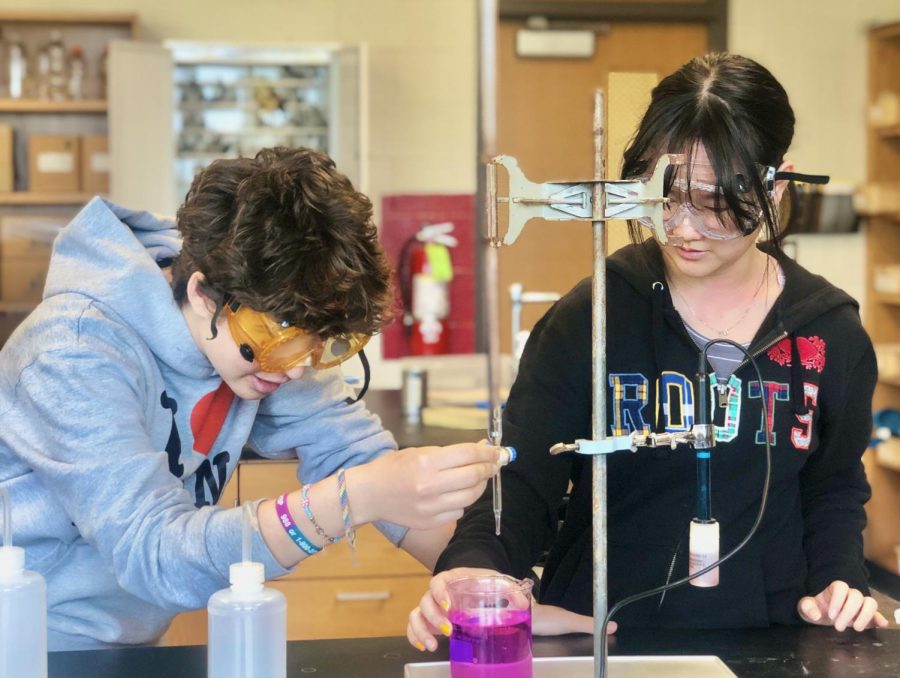 Anna Vasi 24 and Grace Cheng 24 work on their chemistry lab for AP Chemistry. .