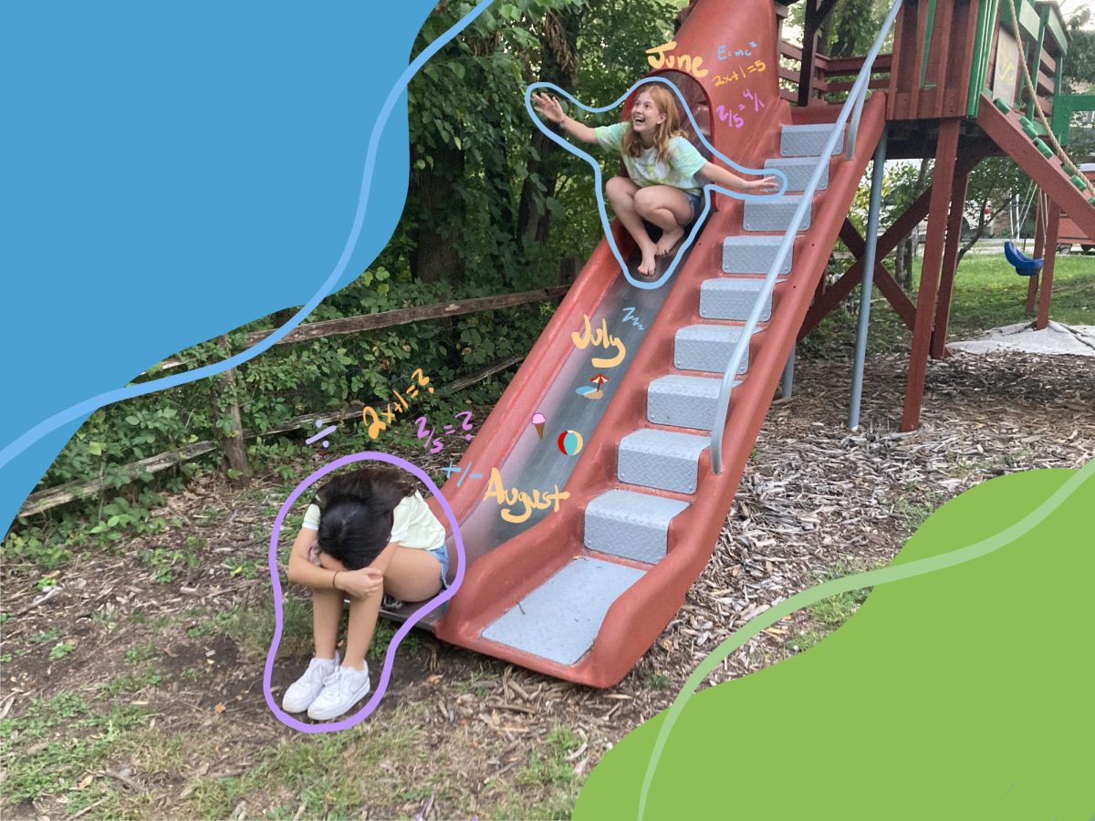 Taking the phrase “summer slide” literally, two students show the emotions they associate with summer learning loss.
