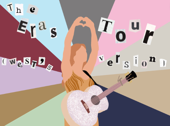 A silhouette of Taylor Swift forms a heart with her hands in front of The Eras Tour colors.