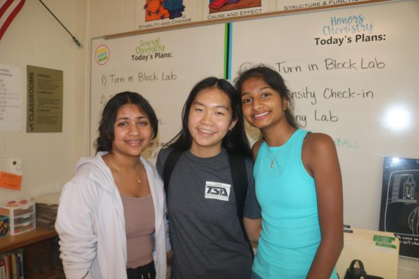 Anjali Mathews 24, Sabrina Du 25 and Vismitha Vuppala 24 pose at the conclusion of the first Science Olympiad meeting. 