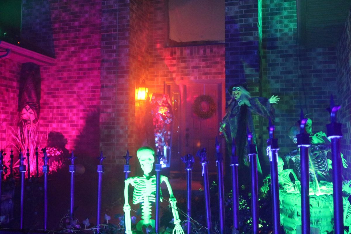 Skeletons haunt the entrance to a home on Brown Deer Trail.