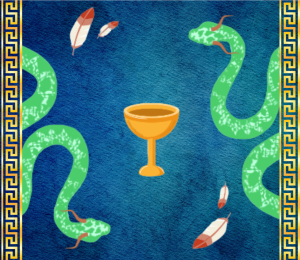 Snakes and feathers swirl around a chalice.