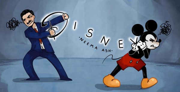 Walt Disney and Mickey Mouse going in different directions.