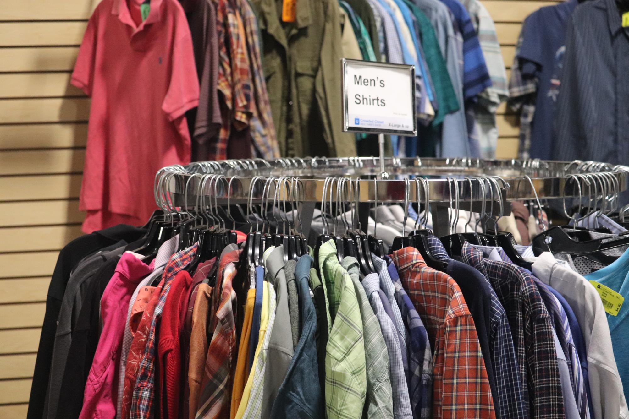 The colorful mens shirts rack at Crowded Closet. 