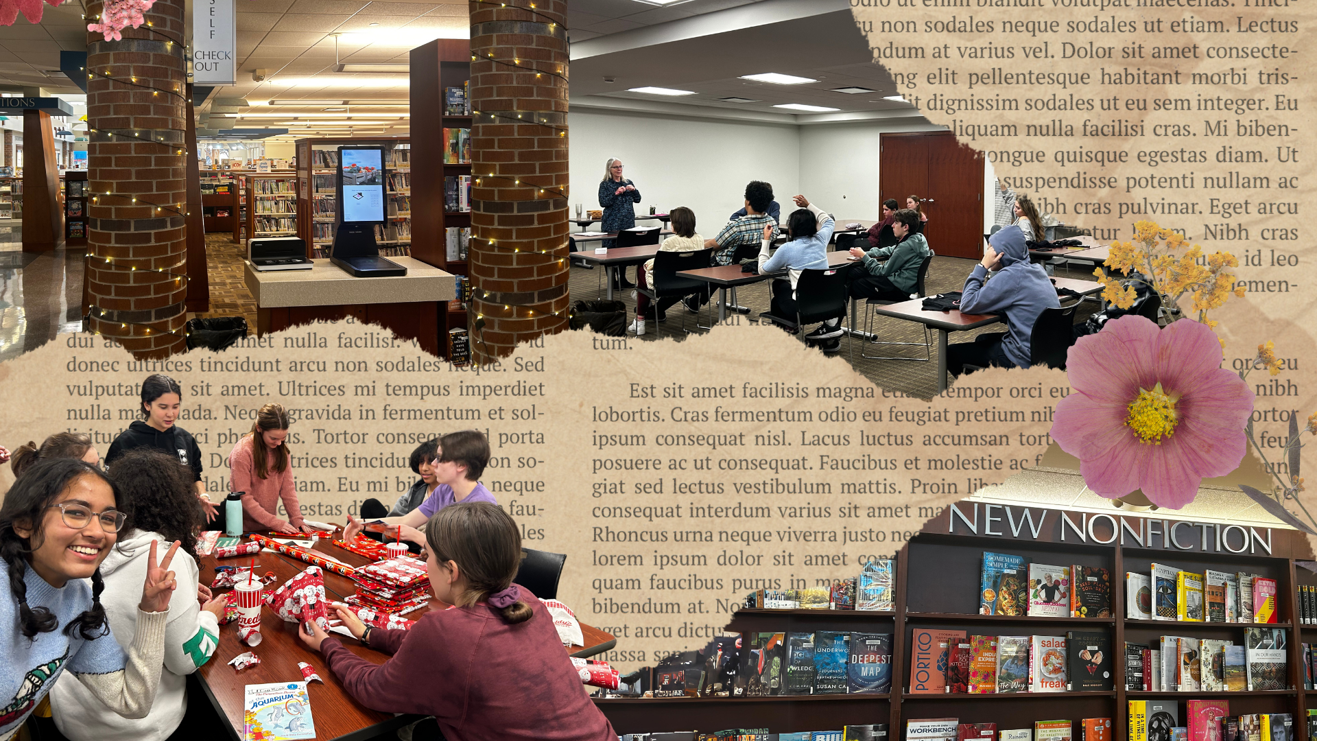 A collage of the Coralville Public Library and its Teen Advisory Board.