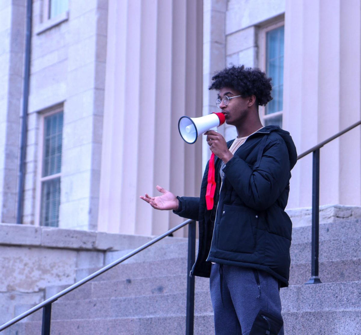 West High Junior Bashir Eltyeb speaks at the protest on Jan. 8, 2024. 