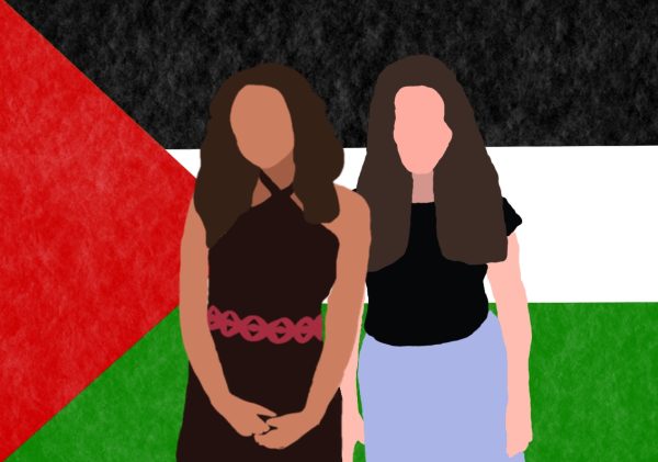 A drawing of Abudagga and Saba standing in front of the flag of Palestine.