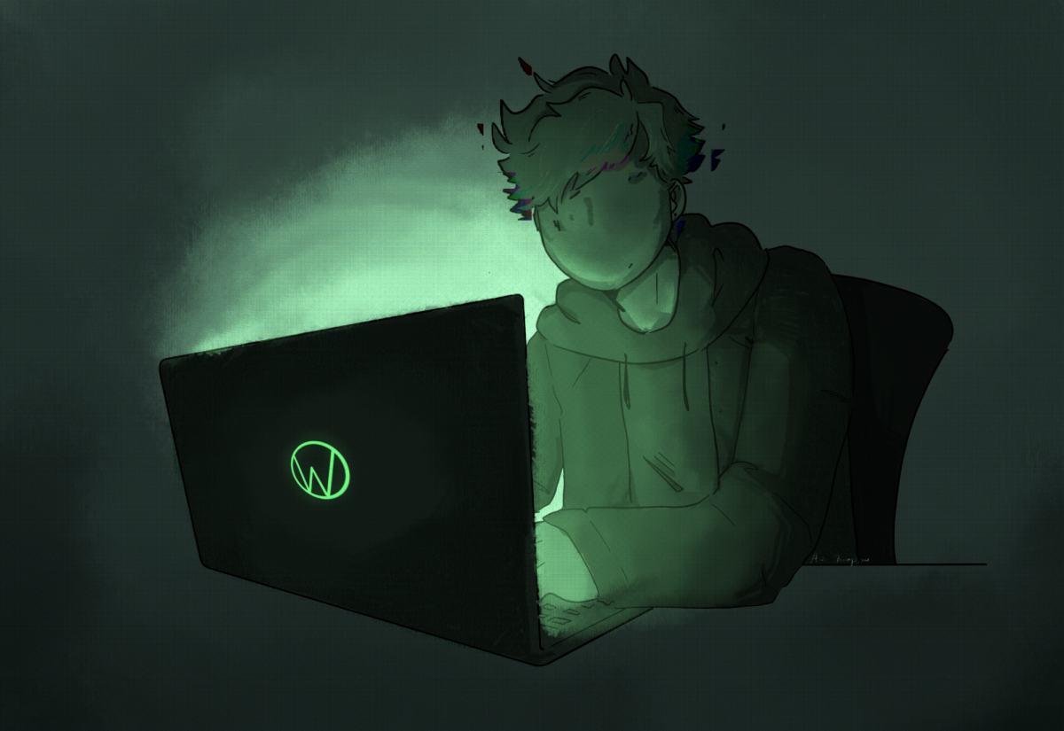 Faceless figure with a green colour pallatte staring into the bright screen of a laptop. 