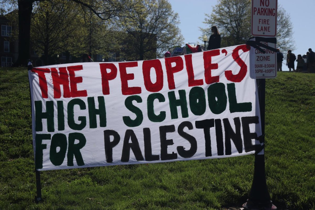 A sign set up by the City High students in the front of their school, designating the encampment as The Peoples High School for Palestine.