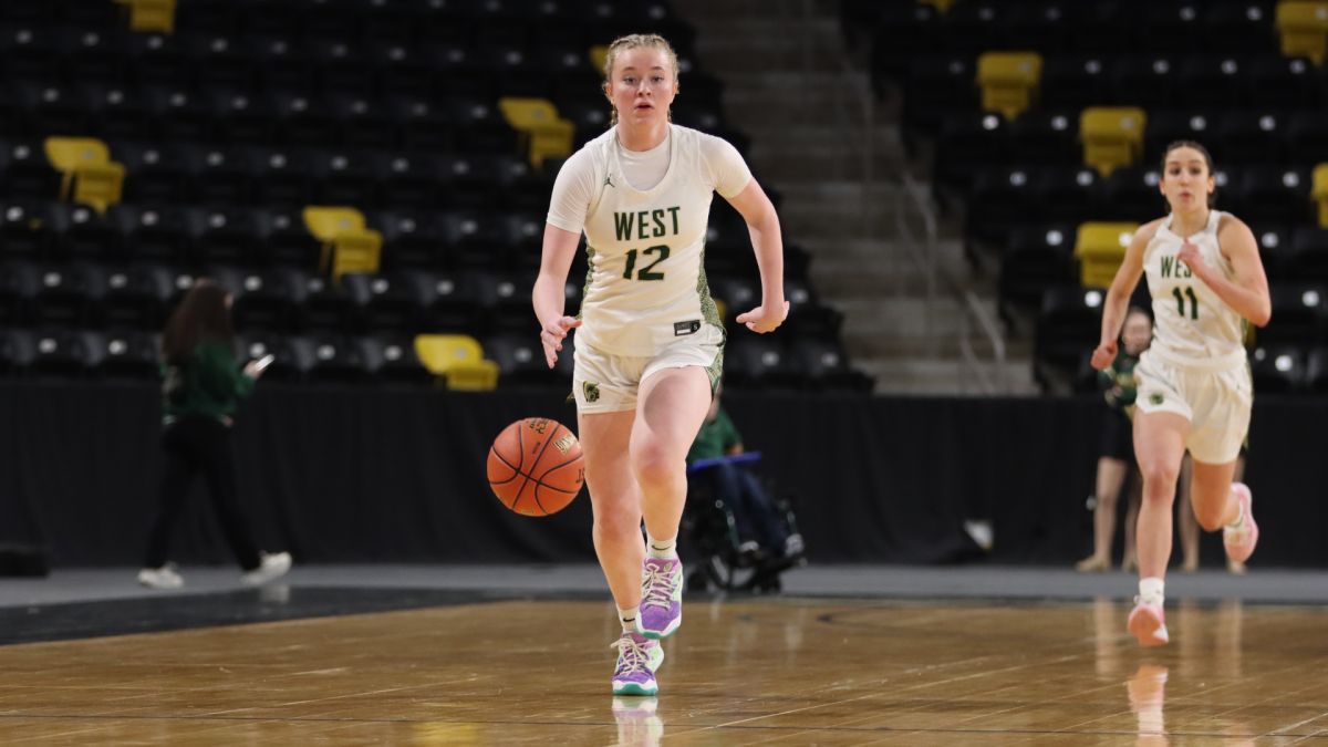 Grace Fincham '26 dribbles the ball down the court.