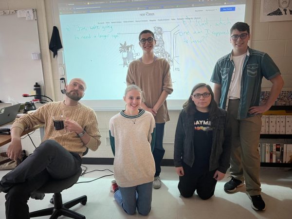 The Grapevine Writing Club poses for a photo during their Tuesday morning meeting.
Back row: Nicholas Davis '25, Orion Shaw '25
Front Row: Darien Robins, Eva Esch '25, Gabe Mangan '25
