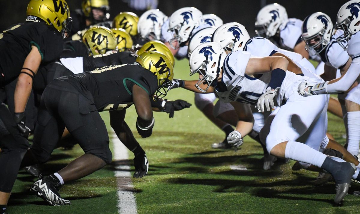 The two football teams line up and get ready for the quarterback to pass the ball.