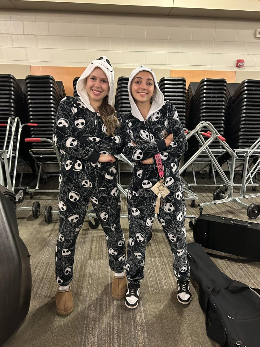 Nora Orhon '26 and Ines Rahmouni '26 twin with their matching pajamas. 