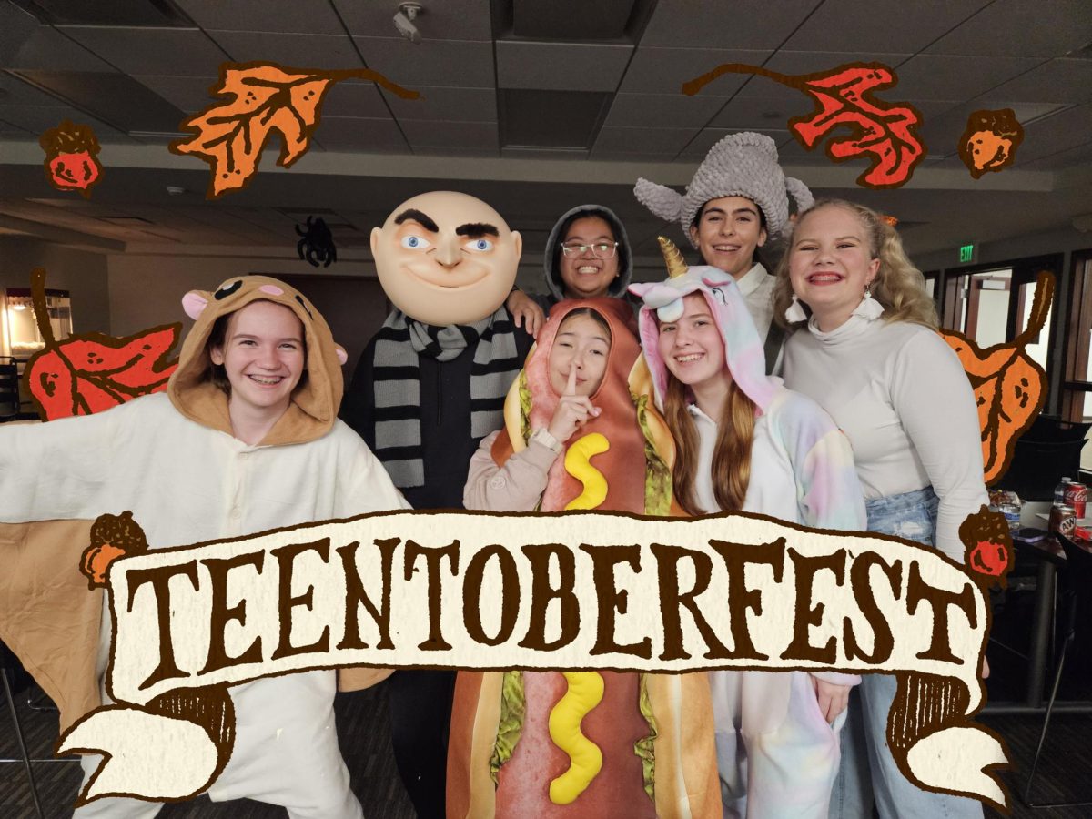 Seven teens pose in costume during TeenToberfest. Art by Bodie Williamson '22.