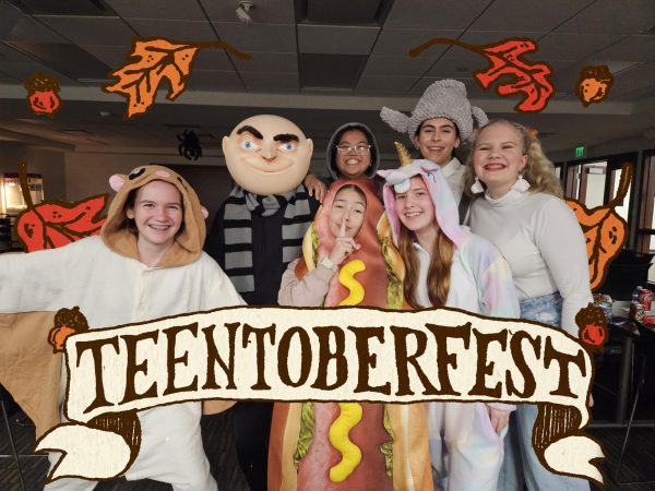 Seven teens pose in costume during TeenToberfest. Art by Bodie Williamson '22.