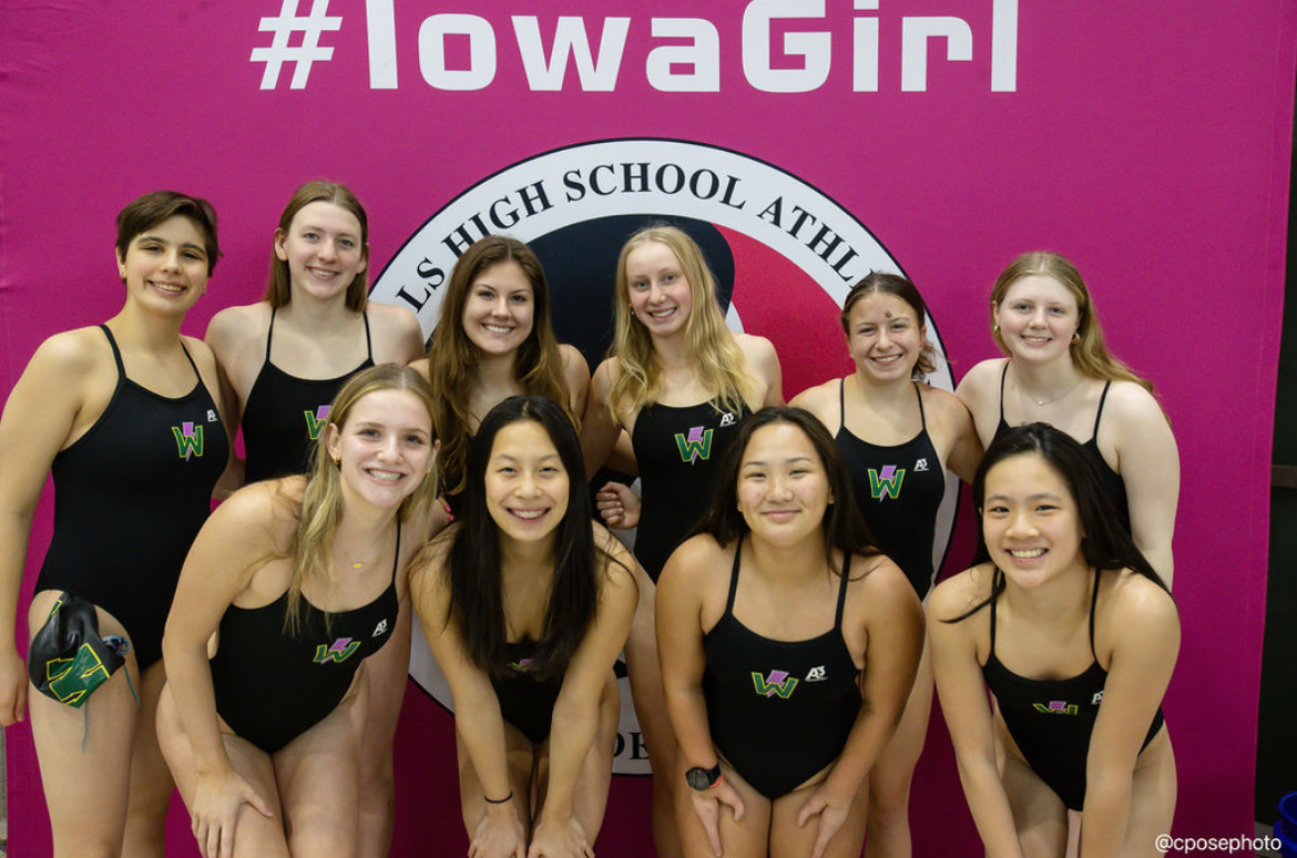 Members of the Trojan Bolt team pose for a picture. Back row: Megan O'Neill '25, Gretchen Gerke '26, Bella Freissan '25, Averie Bilskemper '25, Gabby Cwiertny '28, Berkeley Dismang '27. Front row: Emelia Greuter '26, Hannah Geng '27, Hannah Longmire '27, Maggie Nguyen '28. 