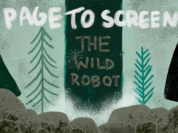 A hand-drawn woodsy landscape inspired by the cover art of "The Wild Robot."