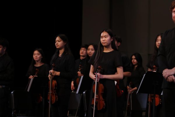 The first violin section stands up after playing the last piece as the audience applauds.