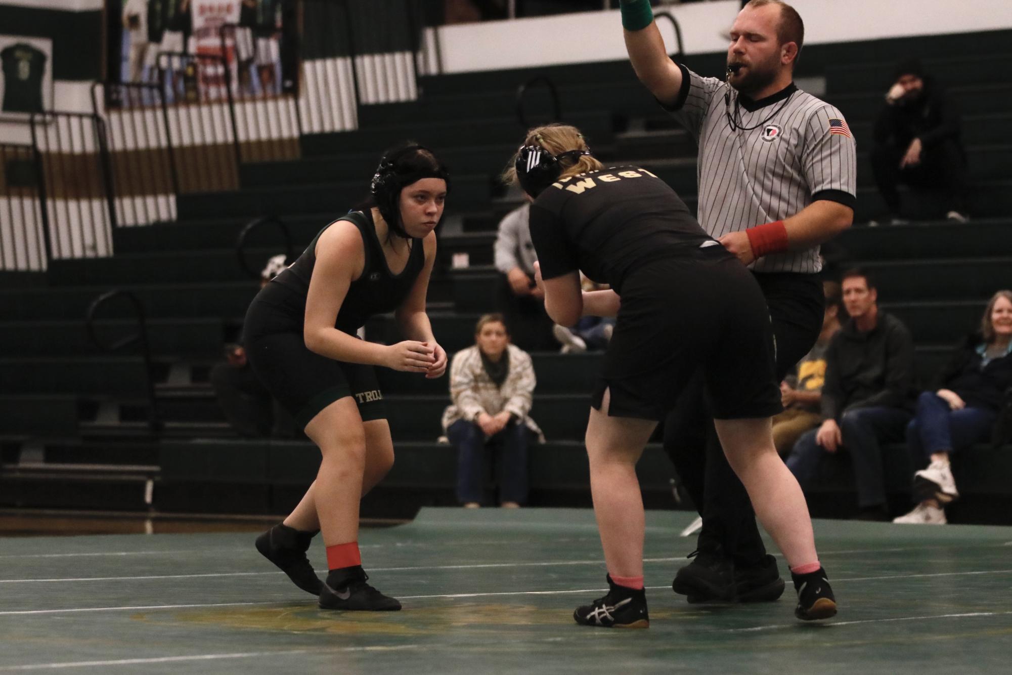 Sophia Stalkfleet '28 faces off against Kaylee Hampton '28 for an exbibition match on Nov. 21.