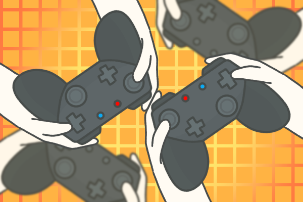 Four people game together as a team.