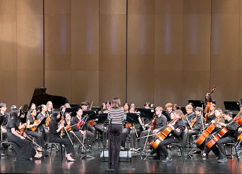 Clinician Kara Mather gives feedback to Symphony Strings after their performance Feb. 26.