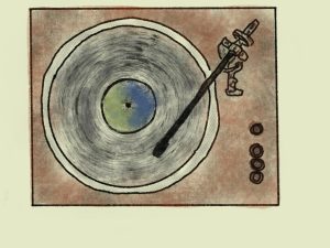 Drawing of a vinyl record on a record player 