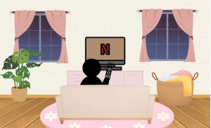 A graphic of a living room with a person getting ready to watch Netflix.
