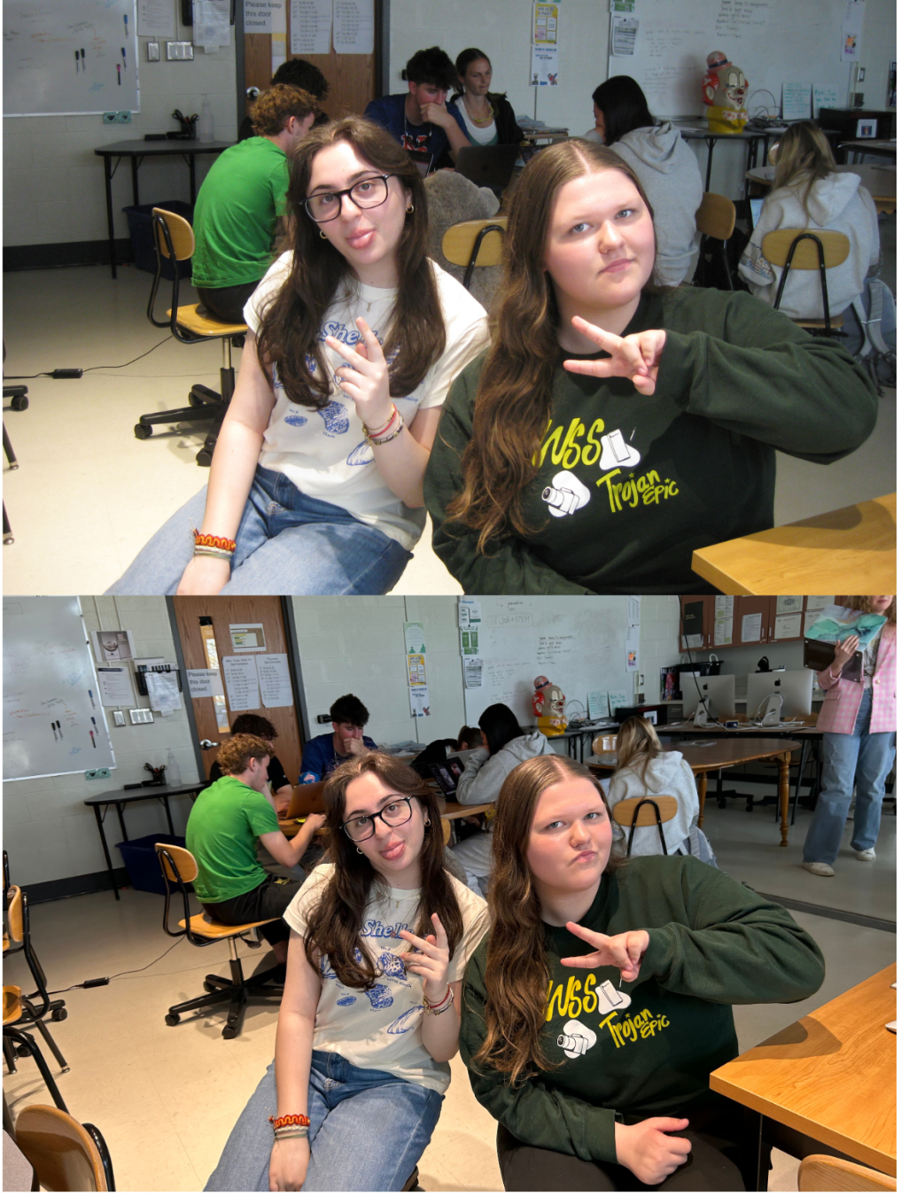 Sophomores Lea Abou Alaiwa and Sophie Bergman pose in the journalism room.