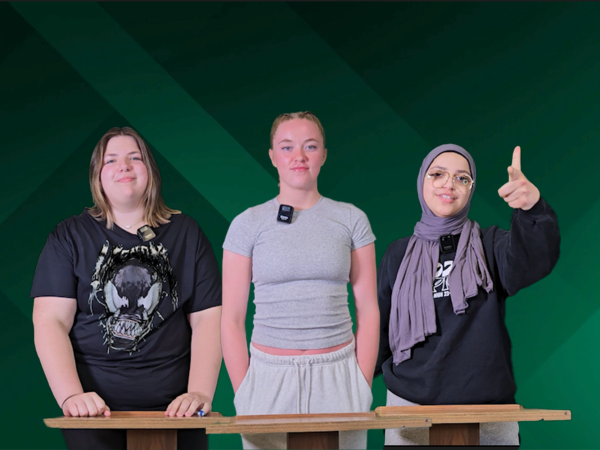 Finnley Bonfig '26, Grace Fincham '26 and Mayar Aliwaisi '26 participate in a friendly debate in light of the upcoming election.