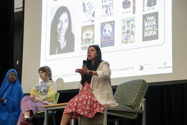 Author Samira Ahmed spoke in West High’s Little Theater during second and third period on April 29.