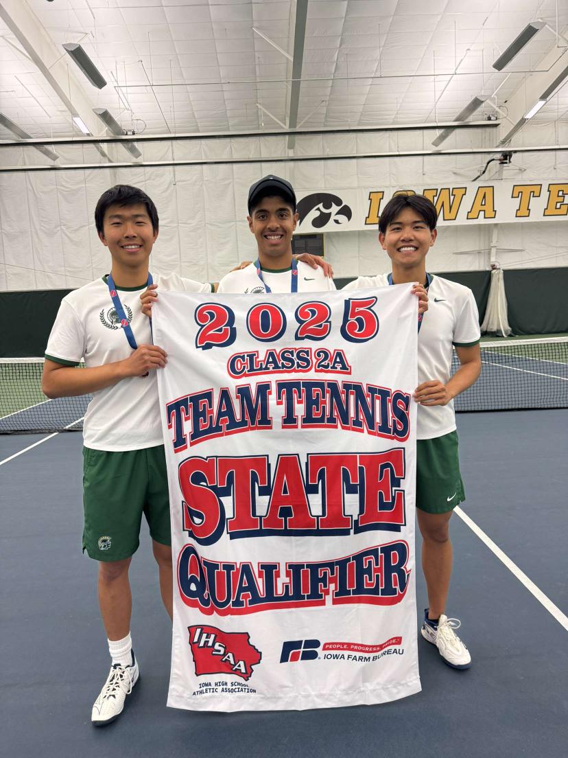 Seniors Junze Sun, Ishan Harwani and Derek Hua pose with State Team qualifying flag. 