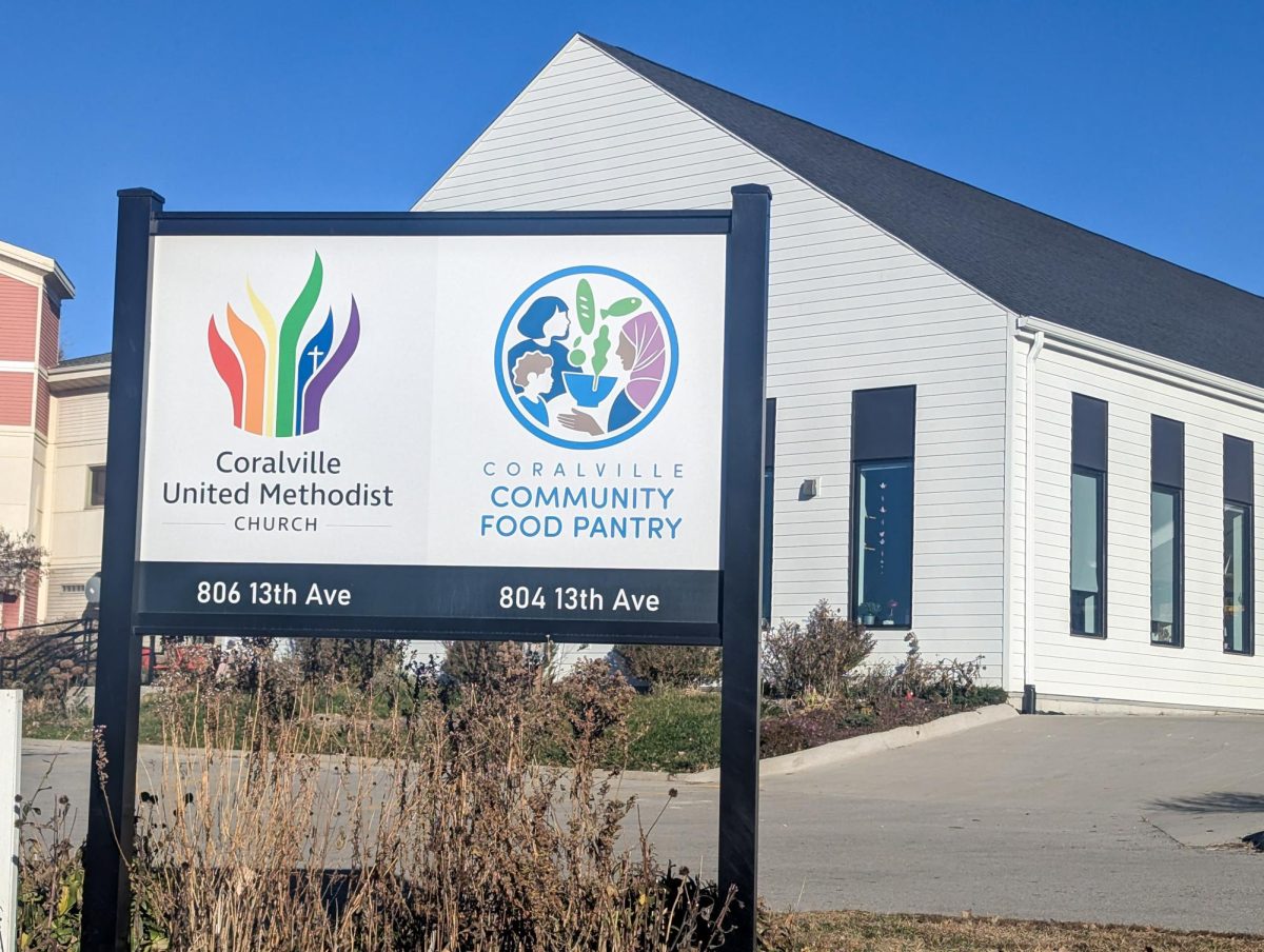 The Coralville Community Food Pantry, located next to the Coralville United Methodist Church, is open for anyone to come and get food with or without appointments. They also host events occasionally for people to gather for a free meal.