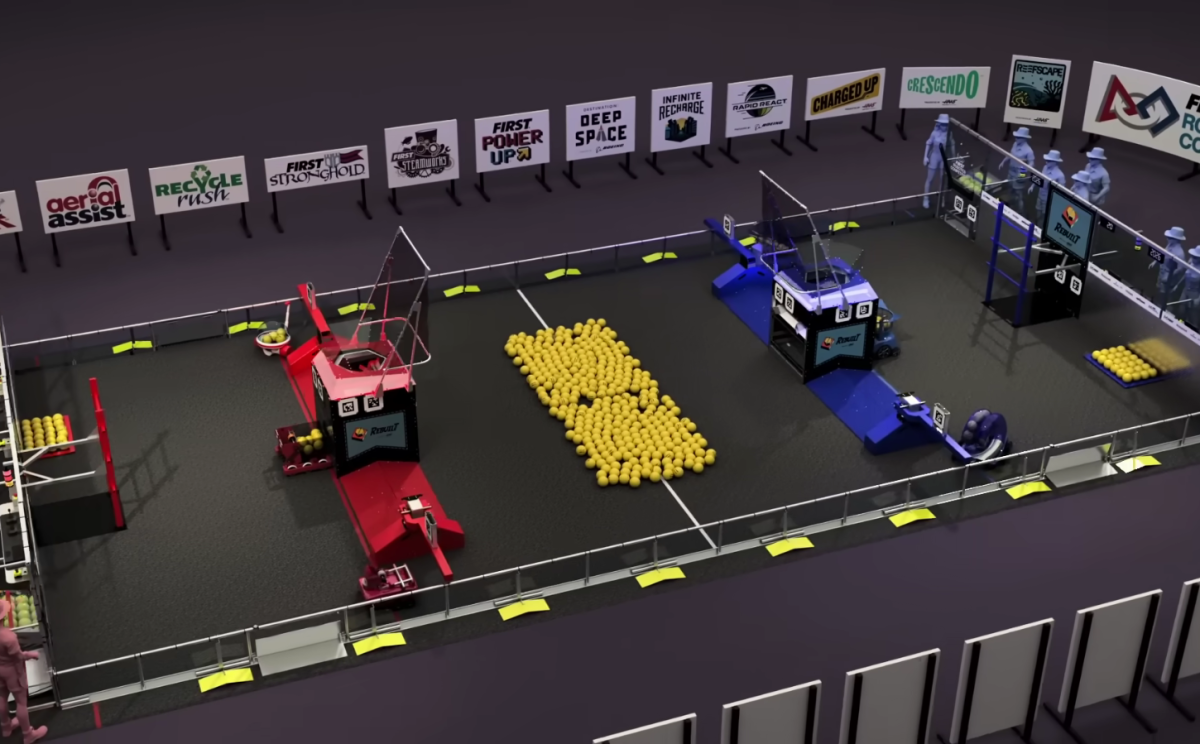 The game field for the 2026 FIRST Robotics competition season, "Rebuilt."
Image from the game reveal animation by FIRST.