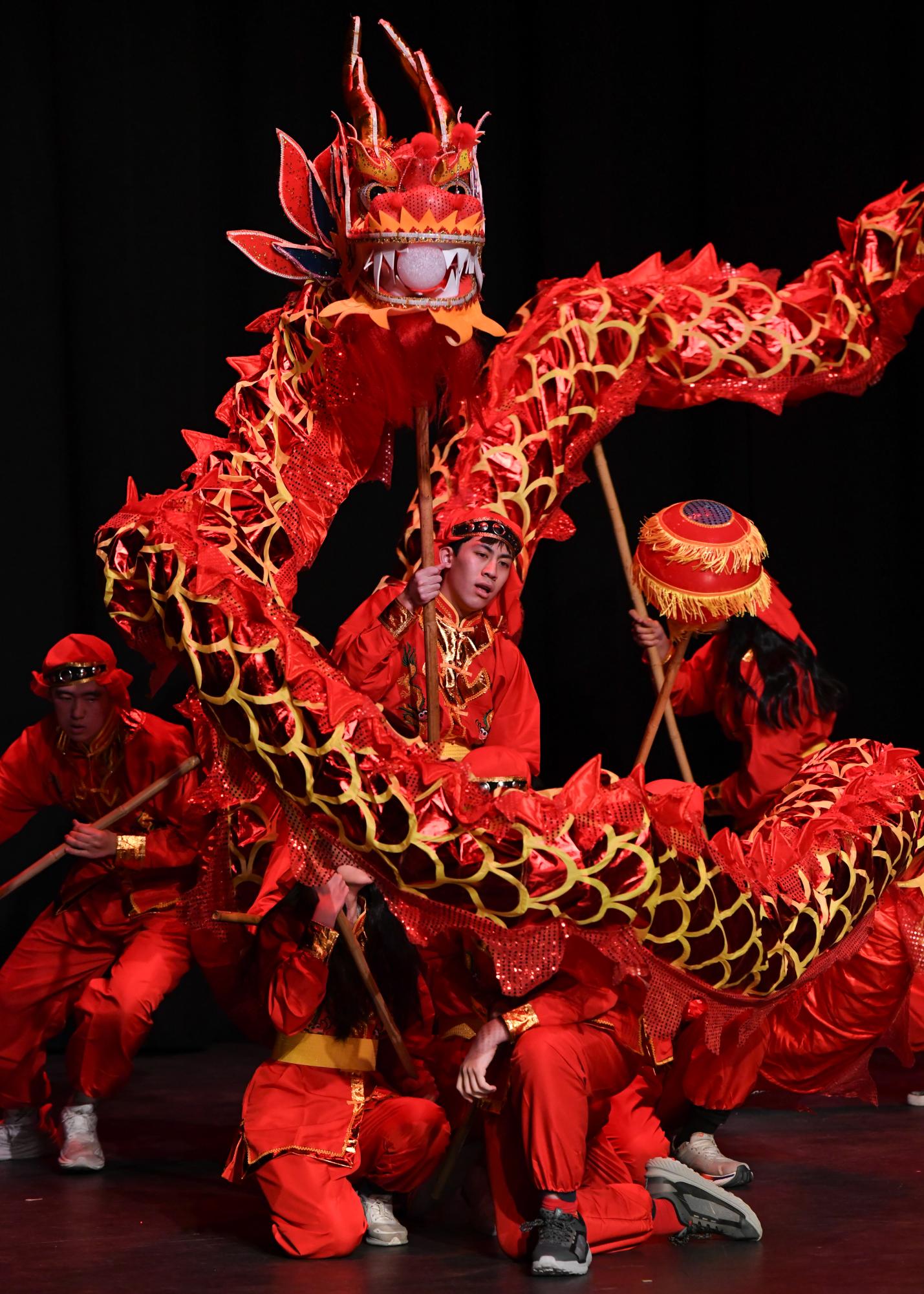 Performers of the dragon dance move into their finishing pose. The dragon dance opened the show at the Lunar New Year Gala Feb. 15.